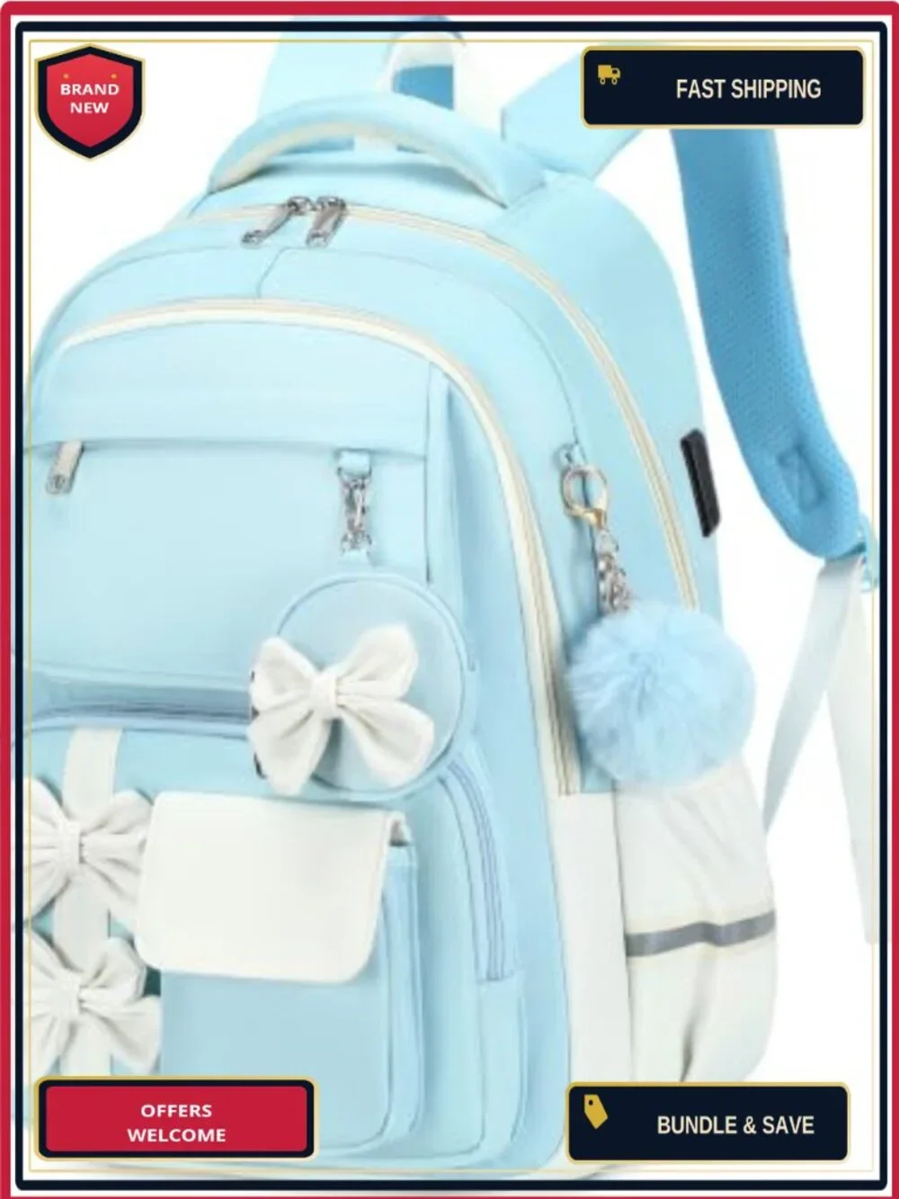 Waterproof Girls Backpack with Lunch Box USB Charging Port School Bookbag Teens